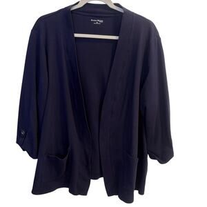 Studio Works Navy Open Front Cardigan 3/4 Roll Tab Sleeve Pockets Size 2X PLUS